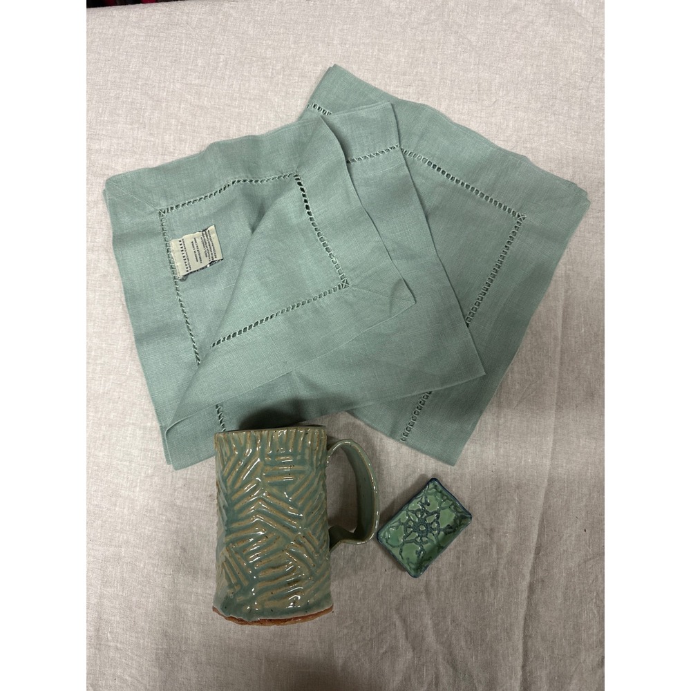 Pottery Barn Linen Napkins Sage Green Hemstitch Set with Studio Pottery Mug Dish